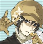  \m/ bad_id bad_pixiv_id black_hair gloves hat lowres male_focus nabari_no_ou parody seikan_hikou solo yoite yue_(pixiv) 