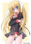  blonde_hair blue_eyes bow hair_ornament legs little_busters! long_hair pink_bow school_uniform skirt solo taira_takehiro tokido_saya 