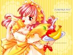  apple apron banana cherry copyright_request food fork fruit morimoto_kinoko non-web_source one_eye_closed pink_hair plate red_eyes solo waitress 
