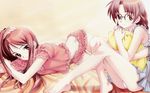  bed brown_hair cross_channel duplicate glasses highres kirihara_touko lingerie matsuryuu miyasumi_misato multiple_girls pillow pillow_hug underwear wallpaper widescreen 