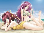  3ldk barefoot beach bikini blue_eyes breasts brown_eyes cleavage cup day drink drinking_glass drinking_straw feet food fruit hair_ribbon kimizuka_aoi lemon long_hair lowleg lowleg_bikini lying medium_breasts miyashita_ayase multiple_girls non-web_source on_stomach one-piece_swimsuit outdoors pink_hair ponytail purple_hair ribbon senoo_chihogi sitting smile striped striped_bikini striped_swimsuit swimsuit wallpaper 