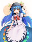  :d blue_hair bow bowtie clenched_hand crystal dress food fruit hat hinanawi_tenshi kokotetsu long_hair looking_at_viewer open_mouth peach puffy_short_sleeves puffy_sleeves red_bow red_eyes short_sleeves sidelocks smile solo touhou white_dress 