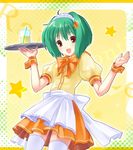  6u_(eternal_land) apron bow bowtie collar frills macross macross_frontier maid maid_headdress orange_bow orange_neckwear puffy_short_sleeves puffy_sleeves ranka_lee red_eyes short_sleeves solo star thighhighs tray waist_apron waitress white_legwear wrist_cuffs zettai_ryouiki 