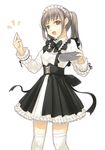  \||/ back_bow bow brown_hair dasoku_sentarou dress fang handheld_game_console holding kneehighs long_hair long_sleeves maid maid_headdress open_mouth original over-kneehighs playstation_portable red_eyes simple_background solo thighhighs twintails white_background white_legwear 