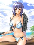  beach bikini breasts cleavage cloud day front-tie_top ghost_in_the_shell ghost_in_the_shell_stand_alone_complex gun handgun jacket kusanagi_motoko large_breasts laughing_man logo off_shoulder open_clothes open_jacket outdoors pink_eyes purple_hair short_hair side-tie_bikini sitting sky solo swimsuit ueyama_michirou water weapon 