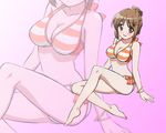  :d alternate_hairstyle bangs barefoot bikini blush bow bow_bikini bracelet breasts brown_eyes brown_hair cleavage crossed_legs gradient gradient_background hair_bun hair_ornament hair_up hairclip jewelry kinoshita_sumie large_breasts legs looking_at_viewer megami official_art open_mouth orange_bikini parted_bangs profile purple_background shakugan_no_shana short_hair sidelocks sitting smile solo striped striped_bikini swimsuit wallpaper white_bikini wide_hips yoshida_kazumi zoom_layer 