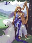  artist_request bird blonde_hair blue_eyes copyright_request dog halo harp instrument long_hair mountain nature solo wings 