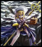  blonde_hair blue_eyes book hair_ornament hat lyrical_nanoha mahou_shoujo_lyrical_nanoha mahou_shoujo_lyrical_nanoha_a's schwertkreuz solo staff tome_of_the_night_sky unison wings x_hair_ornament yagami_hayate yone 