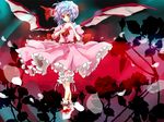  ascot bat_wings brooch dress frilled_dress frills full_body gem jewelry looking_at_viewer pink_dress popoin puffy_short_sleeves puffy_sleeves red_eyes remilia_scarlet shoes short_hair short_sleeves silver_hair solo touhou walking wings 