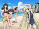  beach bikini blue_sky chii chobits cloud cowboy_shot day hibiya_chitose kimura_masahiro long_hair minigirl multiple_girls non-web_source official_art one-piece_swimsuit oomura_yumi outdoors parasol school_swimsuit shimizu_takako_(chobits) sky standing stretch sumomo_(chobits) swimsuit umbrella very_long_hair wallpaper watermark 