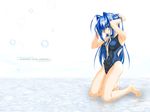 adjusting_hair armpits arms_up barefoot blue_eyes blue_hair competition_swimsuit feet hayase_mitsuki kimi_ga_nozomu_eien kneeling long_hair mouth_hold non-web_source one-piece_swimsuit ribbon solo swimsuit very_long_hair wallpaper water 