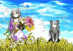  animal bangs bird black_bow black_dress black_gloves blue_eyes blue_sky bow capelet caster closed_mouth cloud collarbone copyright_name day dress elbow_gloves fate/stay_night fate_(series) field flat_chest flower flower_field gloves grass hair_bow holding holding_flower huge_bow len long_hair long_sleeves looking_afar looking_up morisoban multiple_girls no_pupils outdoors parted_bangs pink_dress plant pointy_ears ribbon silver_hair single_elbow_glove sky smile standing tsukihime very_long_hair white_ribbon 