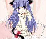  animal_ears bed_sheet bell bell_collar blue_hair bow cat_ears collar curtains frilled_pillow frills furude_rika garters higurashi_no_naku_koro_ni long_hair open_mouth paw_pose pillow purple_eyes satoru_(hanayoru) solo sweater tail thighhighs 