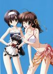  bikini black_hair brown_hair doll ef green_eyes lossy-lossless miyamura_miyako multiple_girls nanao_naru non-web_source one_eye_closed orange_sarong print_sarong sarong shindou_kei short_hair swimsuit yellow_eyes 