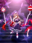  bad_id bad_pixiv_id blonde_hair crossed_legs elbow_gloves eyes gap gloves guro hat highres limbs long_hair no_entry_sign purple_eyes ribbon road_sign sign sitting sitting_on_stairs solo stairs totokichi touhou umbrella yakumo_yukari 