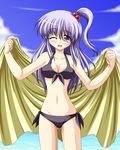  bikini bococho breasts day front-tie_bikini front-tie_top large_breasts long_hair mature shinki side-tie_bikini side_ponytail silver_hair smile solo swimsuit touhou towel 