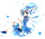 arms_up blue_dress blue_eyes blue_hair cirno crystal dress fairy fairy_wings full_body ice ice_wings puffy_short_sleeves puffy_sleeves shoes short_hair short_sleeves simple_background solo suzushiro_kurumi touhou white_background wings 