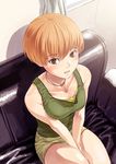  bad_id bad_pixiv_id bare_shoulders between_thighs blush brown_eyes brown_hair couch curtains from_above jewelry necklace persona persona_4 satonaka_chie shimotsuki_eight short_hair shorts sitting solo sweat tank_top v_arms window 