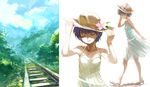  ame_yamori closed_eyes dress hat multiple_views original railroad_tracks short_hair straw_hat 