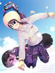  artist_request blue_eyes copyright_request gloves goggles jacket pants purple_hair snow snowboard solo 