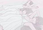  armpits arms_up bangs bare_legs bare_shoulders breasts buttons chemise cleavage closed_eyes collarbone eyebrows_visible_through_hair flat_chest from_side head_tilt kiriman_(souldeep) lying multiple_girls on_back on_bed original parted_lips pillow sleeping sleeveless small_breasts smile upper_body 
