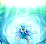  barefoot blue_dress blue_eyes blue_hair bow cirno crystal dress enisuke fairy fairy_wings from_above hand_on_own_chest ice ice_wings looking_at_viewer puffy_short_sleeves puffy_sleeves short_sleeves solo touhou wings 
