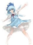  barefoot blue_dress blue_eyes blue_hair bow cirno dress full_body hair_bow legs_apart looking_at_viewer mugishima_orie open_mouth outstretched_arms simple_background solo spread_arms standing touhou white_background wings 