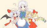  :d ? ^_^ apron arm_grab arms_behind_back bat_wings blonde_hair blue_eyes bow braid closed_eyes flandre_scarlet hair_bow hat izayoi_sakuya lavender_hair maid maid_headdress multiple_girls open_mouth red_eyes remilia_scarlet simple_background smile tamaki_(209) touhou twin_braids waist_apron white_hair wings 