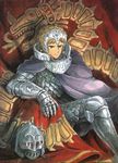  arm_rest armor armored_boots bangs boots braid cape chainmail closed_mouth crown_braid earrings feet_out_of_frame flag full_armor gauntlets gem gorget headpiece headwear_removed helmet helmet_removed highres jewelry kaze_no_tani_no_nausicaa kushana looking_away miyazaki_hayao official_art sitting smirk snake_print solo 