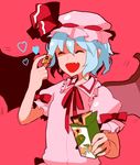  :d ^_^ bat_wings blue_hair bow closed_eyes dada_(dolce) eating fang hat hat_bow heart mob_cap open_mouth pink pink_background remilia_scarlet short_hair skull_and_crossbones smile solo touhou wings 
