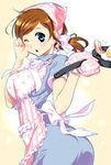  888 apron blue_eyes brown_hair cooking frying_pan one_eye_closed original ponytail solo 