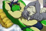  anthro bed biceps big_muscles bulge canine chinese_dragon clothed clothing dog dragon duo fundoshi gay green_dragon green_scales half-dressed husky kemono kouya_aotsuki looking_at_viewer lying male mammal morenatsu muscles on_back pecs pillow suruga tatsuki tatsuki_midoriya topless underwear 