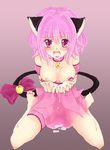  1girl animal_ears bare_shoulders barefoot blush bow breasts breasts_apart cat_ears cat_tail choker collar collarbone cum cum_in_hands cum_in_mouth cum_on_body cum_on_breasts cum_on_clothes cum_on_tongue cum_on_upper_body cumdrip dress dress_pull facial feet gradient gradient_background highres holding ichigo_momomiya looking_at_viewer mew_ichigo momomiya_ichigo nipples open_mouth pendant pink_bow pink_dress pink_eyes pink_hair see-through shiny shiny_hair shiny_skin short_dress short_hair sitting solo spread_legs tail toes tokyo_mew_mew tongue tongue_out wariza 