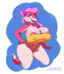  2018 anthro areola big_areola big_breasts blue_eyes blue_nose breasts canine cleavage clothed clothing denisse female fox fur hair hand_on_hip huge_breasts mammal nipple_bulge open_mouth open_smile pink_fur pink_hair sharp_teeth simple_background smile smutbooru solo standing teeth thick_thighs tongue voluptuous white_background wide_hips 