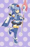  adapted_costume belt blue_eyes breasts clenched_hand cropped_jacket full_body helmet holding holding_weapon jewelry leg_up leviathan_(rockman) polka-dot_background ring rockman rockman_zero small_breasts solo thighhighs weapon 