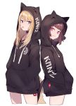  2girls :p animal_hood bangs black_choker black_hair black_hoodie blonde_hair blunt_bangs cat_tail choker closed_mouth clothes_writing cropped_legs drawstring eyebrows_visible_through_hair fox_tail hands_in_pockets head_tilt hood hoodie kmnz long_hair looking_at_viewer matching_outfit mc_lita mc_liz multiple_girls pink_eyes purple_eyes short_hair shugao side-by-side sidelocks simple_background smile tail tongue tongue_out v-shaped_eyebrows virtual_youtuber white_background 
