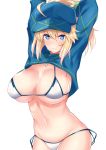  ahoge arms_up artoria_pendragon_(all) bangs baseball_cap bikini blonde_hair blue_eyes blue_hat blush breasts cleavage closed_mouth commentary_request fate/grand_order fate_(series) hair_between_eyes hair_through_headwear hat highres hips large_breasts long_hair looking_at_viewer mysterious_heroine_xx_(foreigner) navel ponytail sankakusui shrug_(clothing) side-tie_bikini simple_background smile solo swimsuit white_background white_bikini zipper_pull_tab 