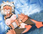 1girl armor barioth barioth_(armor) blush breasts capcom cave eyes_closed ice monster_hunter multicolored_hair orange_hair two-tone_hair white_hair 