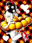  bad_id bad_pixiv_id black_hair doughnut food hat heart looking_at_viewer mot oversized_object plaid pon_de_ring shameimaru_aya shoes solo thighhighs touhou 