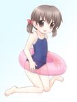  barefoot bow brown_eyes brown_hair child doujima_nanako feet flat_chest hair_bow happy innertube one-piece_swimsuit persona persona_4 school_swimsuit see-through short_twintails solo swimsuit twintails usashiro_mani 