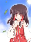  :o bangs blue_sky blush brown_eyes brown_hair day detached_sleeves hair_tubes hakurei_reimu leaf lens_flare looking_at_viewer no_pupils outdoors ry sky solo sun touhou 