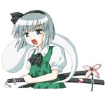  black_hairband flower hairband hitodama konpaku_youmu konpaku_youmu_(ghost) kotowari_(newtype_kenkyuujo) silver_eyes silver_hair solo sword touhou weapon 