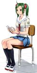  bad_id bad_pixiv_id book chair copyright_request green_hair highres reading ribbon school_uniform serafuku sitting solo twintails yasuda_akira 