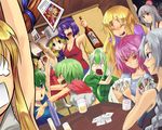  &gt;:) 6+girls :&lt; alcohol alternate_costume aryus bad_id bad_pixiv_id beer blonde_hair blush bottle breasts card casual chen cleavage closed_eyes drunk everyone ex-keine falling_card fujiwara_no_mokou hakurei_reimu holding holding_card horn horns hoshiguma_yuugi hug ibuki_suika kamishirasawa_keine kazami_yuuka kirisame_marisa konpaku_youmu lying_card medium_breasts moriya_suwako multiple_girls no_hat no_headwear o_o party playing_games rod_of_remorse saigyouji_yuyuko shaded_face shiki_eiki shirt smile surprised t-shirt tank_top touhou v-shaped_eyebrows yagokoro_eirin yakumo_yukari yasaka_kanako 