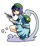  backpack bag baseball_cap blue_eyes blue_hair gloves hair_bobbles hair_ornament hat kannazuki_hato kawashiro_nitori mouth_hold simple_background solo squatting touhou two_side_up 