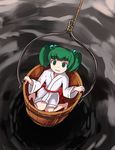  barefoot bucket green_eyes green_hair hair_bobbles hair_ornament hirosato in_bucket in_container kisume solo touhou wooden_bucket 