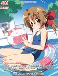  afloat ball bandaid bandaid_on_knee barefoot beachball blue_swimsuit blush bow breasts brown_eyes brown_hair card_(medium) chain-link_fence child condensation_trail copyright_name day dutch_angle feet fence from_side hair_bow hayate_no_gotoku! innertube looking_at_viewer maria_(hayate_no_gotoku!) one-piece_swimsuit outdoors partially_submerged ponytail pool school_swimsuit small_breasts solo starting_block swimsuit text_focus translation_request tree tree_shade watanabe_akio younger 