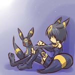  animal_ears black_hair blush_stickers costume detached_sleeves gen_2_pokemon hitec moemon personification pokemon pokemon_(creature) red_eyes short_hair simple_background sitting tail thighhighs umbreon zettai_ryouiki 