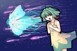  :d artist_request bangs bare_shoulders bow dress flat_chest flying glowing green_hair hair_bow hands_clasped looking_at_viewer lowres macross macross_frontier motion_blur oekaki open_mouth own_hands_together ranka_lee red_eyes short_hair sky smile solo space standing star_(sky) starry_sky sundress 