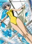  2001 competition_swimsuit day gokajou_satsuki happy_lesson one-piece_swimsuit short_hair silver_hair sky swimsuit towel wristband yellow_swimsuit 